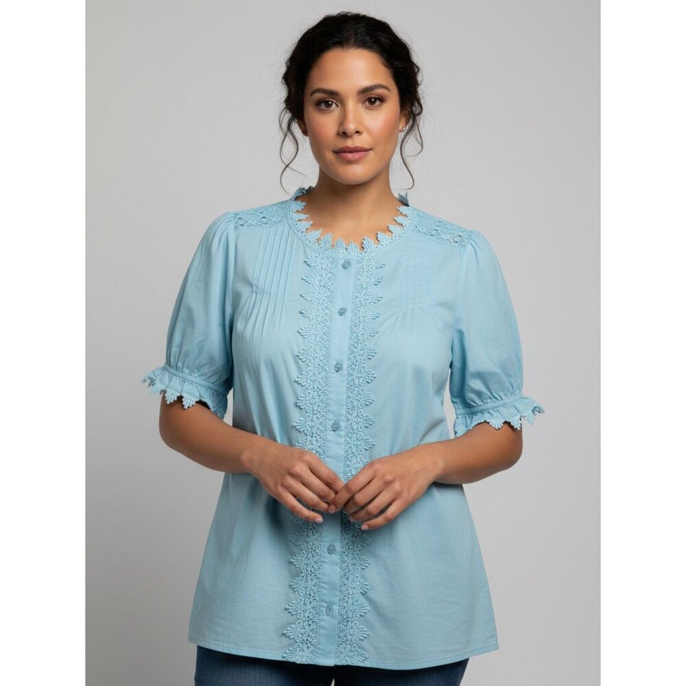 Talbots NWT Powder Blue Cotton Crochet Lace Trim Puff Sleeve Cottagecore Top L